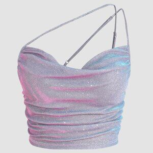 Cider Glitter Ruched Cowl Neck Tank Crop Top